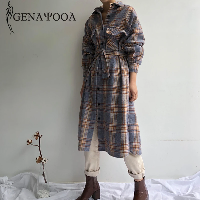 Genayooa, винтажные пальто и куртки, женское клетчатое длинное зимнее пальто, женское с поясом, с разрезом, с длинным рукавом, тонкое осеннее пальто для женщин, на каждый день
