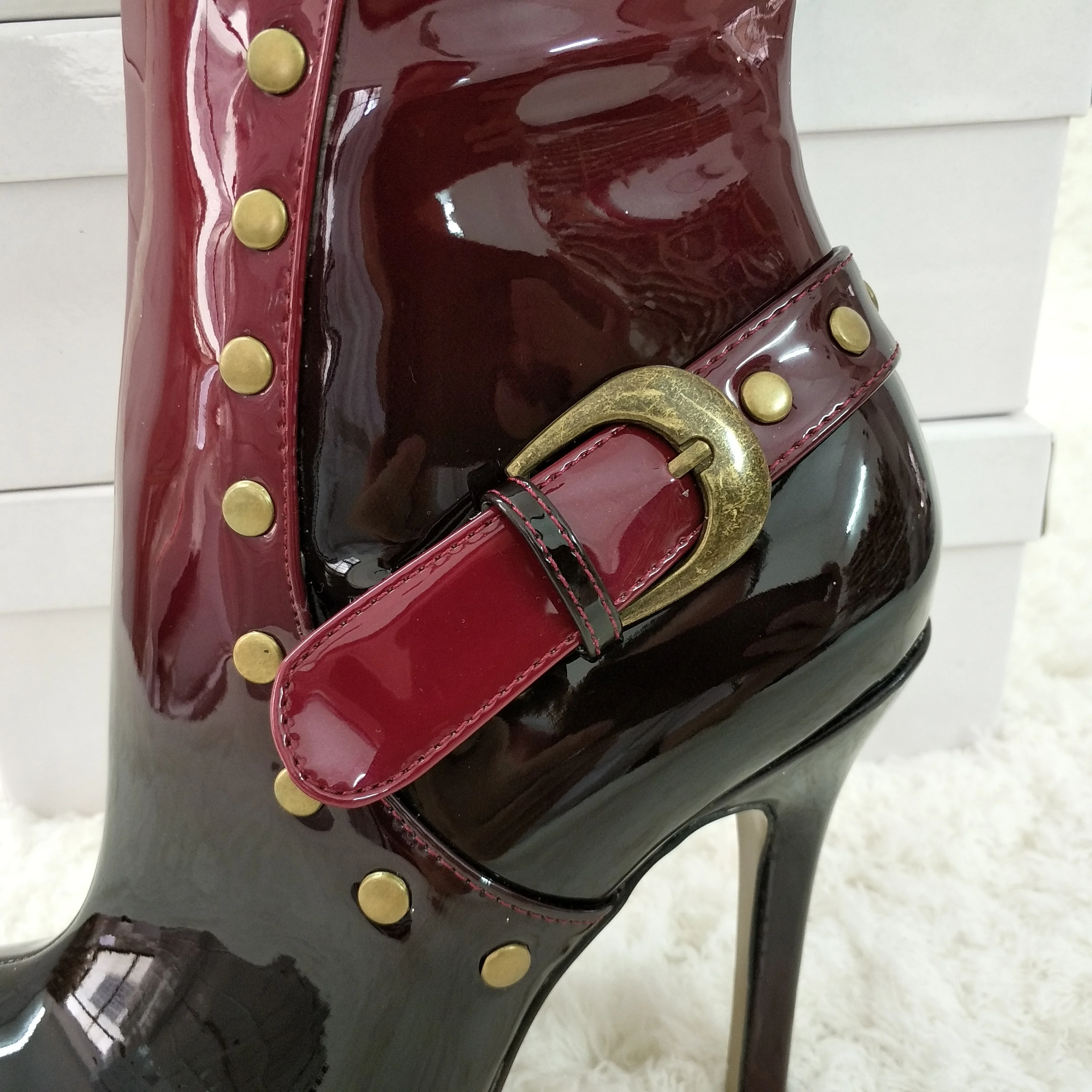 Women Stiletto High Heel Knee-High Boots Round Toe  Buckle Rivet Patent Fashion Evening Party Lady Office Long Boots 0640CBT-m