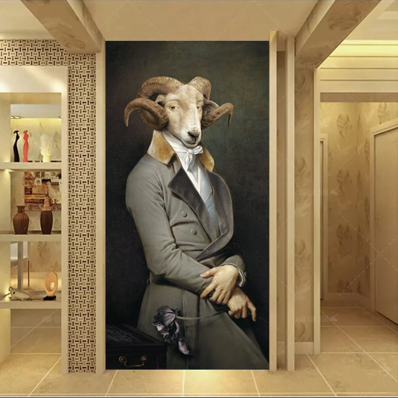 

Classic Retro Nostalgia Gentleman Canvas oil paintings Wall Art Animal Sheep Goat Posters HD Prints For Living Room Home decor