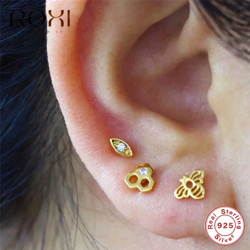 ROXI новые маленькие 925 пробы серебряные серьги для женщин девушек милые соты корейские сережки-шпильки ювелирные изделия для ушей в виде животных