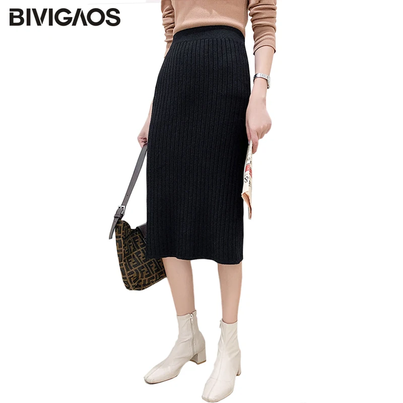 BIVIGAOS Осень-зима 2019 Новые вязаные юбки для женщин высокая талия миди тонкая