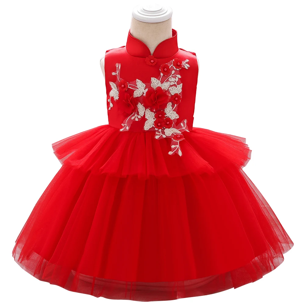 Цветочная вышивка, стоячий воротник, китайский стиль, новогоднее праздничное красное платье для девочек, кружевная пачка, одежда праздничное платье принцессы L1915XZ