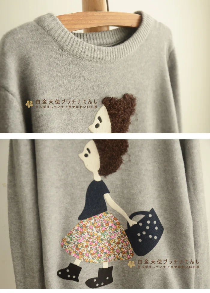 Японский Мори девушка осень весна женский милый пуловер абрикосовый серый аппликации аниме вязаный свитер Kawaii студенческий свободный свитер