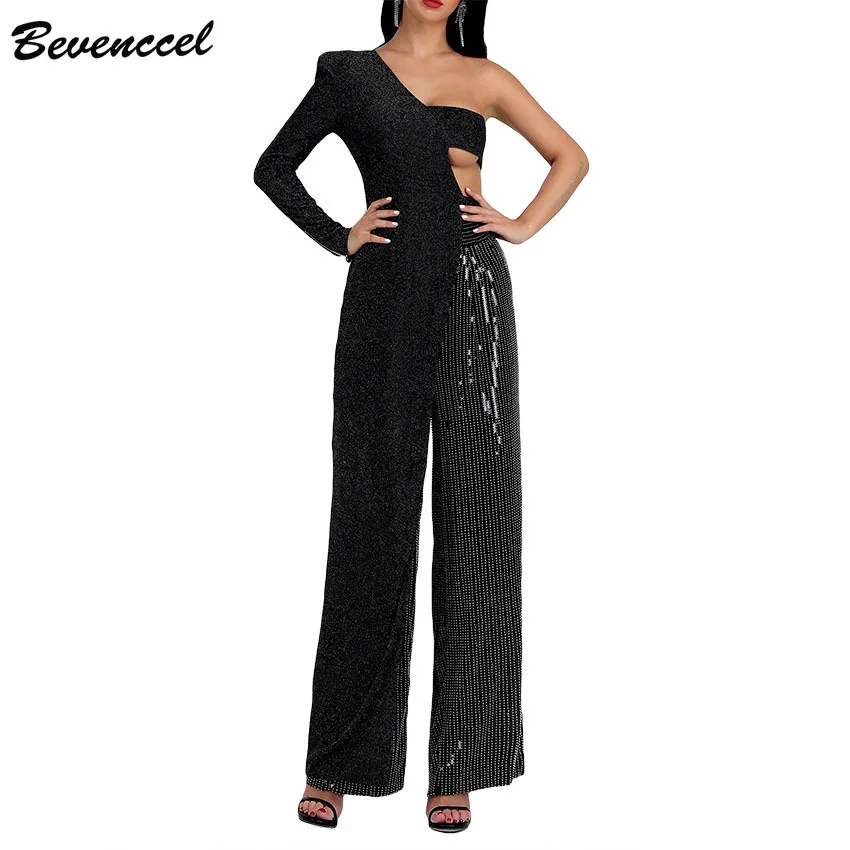 

Bevenccel High Quality One Shoulder Women Jumpsuits 2019 New Long Sleeve Cut Out Elegant Two Piece Sets Evening Party Jumpsuit