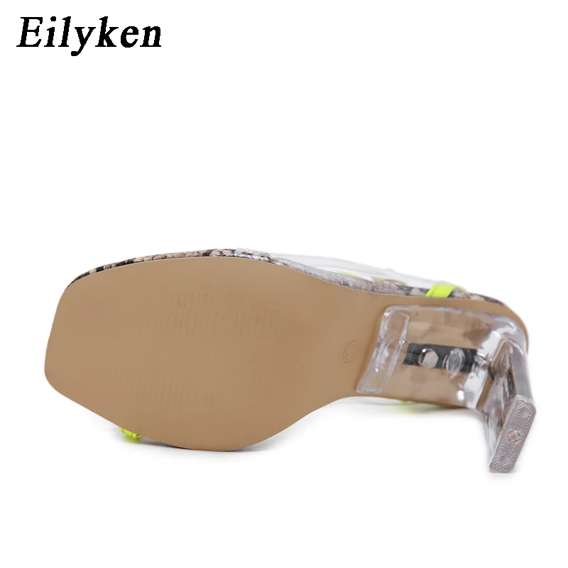 Eilyken/летние модные сандалии-гладиаторы с ремешками на Лодыжках и пряжкой; пикантные босоножки на высоком каблуке с прозрачной поверхностью под змеиную кожу, ПВХ