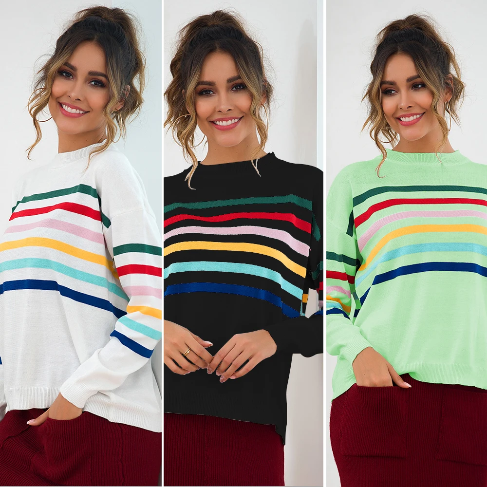 

Long Sleeved Striped Striped Color Sweater Sweater Black Green Top Winter Autumn Spring Sweater