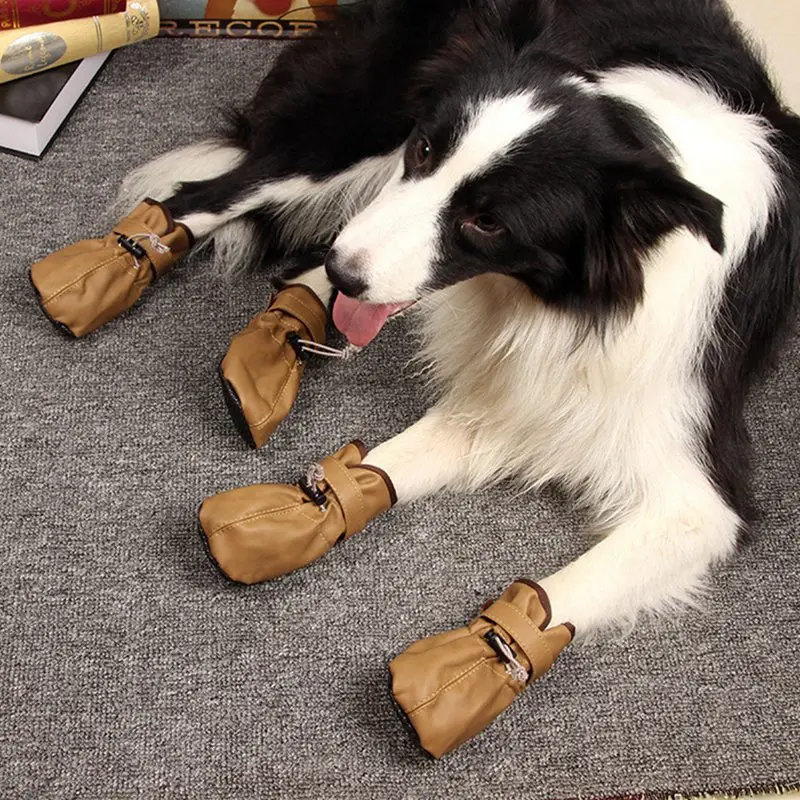 4 шт./компл. кожаный для собак обувь водонепроницаемые Нескользящие тапочки регулируемые домашние зимние теплые носки для собак пинетки