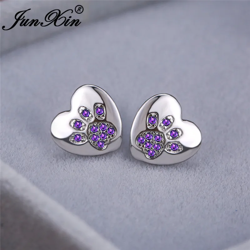Cute Animal Bear Cat Dog Paw Stud Earrings For Women Men Silver Color Green Pink Purple Zircon Heart Earring Wedding Jewelry
