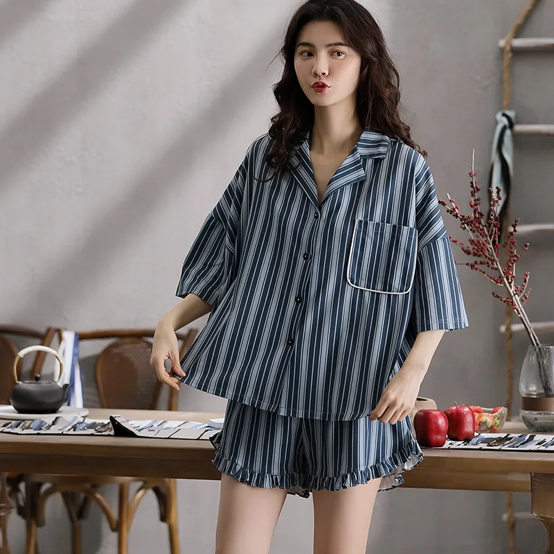 Women Satin Silk Pajama Sets Cute Cartoon Sleepwear Womens Homewear Stripe Floral Print Short Sleeve Top and Shorts Pyjamas