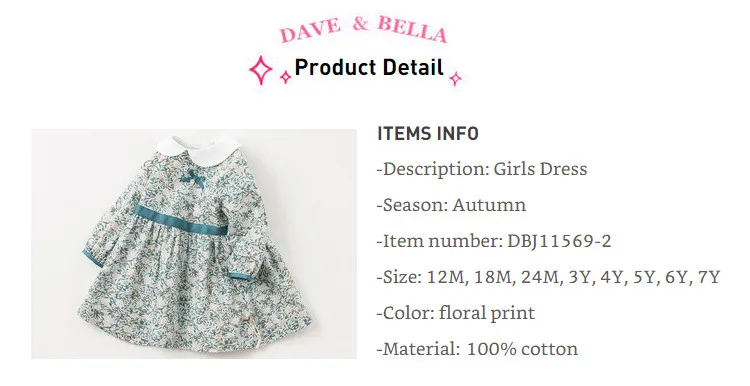 DBJ11569-2 dave bella/осеннее платье принцессы с бантом и цветочным рисунком для маленьких девочек детское модное праздничное платье детская одежда в стиле «лолита»