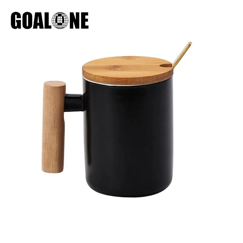 

GOALONE 350ml Ceramic Coffee Mug with Wood Handle Nordic Tea Cup with Lid and Spoon Travel Coffee Cup Drinkware for Home Office