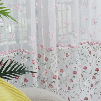 

Modern Luxury Pink Embroidered Butterfly Stitching Sheer Voile Curtains for Living Room Bedroom Kitchen Tulle Window &40