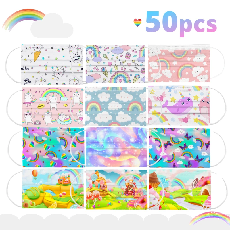 50pcs Children's Mask Disposable Face Cute Rainbow Print Child Girls Masque 3ply Ear Loop Mascarillas Маска Черная | Красота и