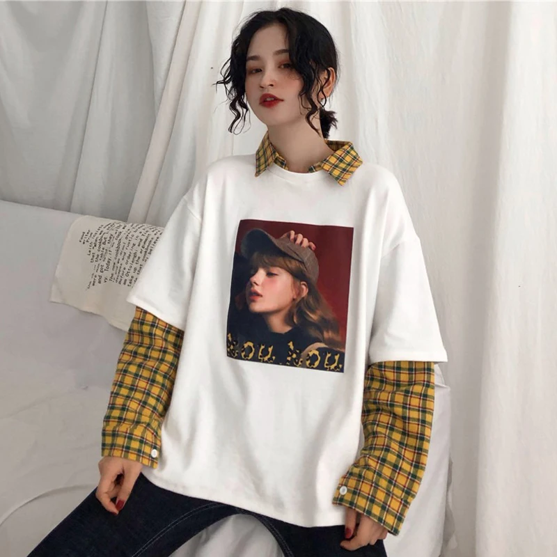 Женские толстовки в Корейском стиле Ulzzang Harajuku модная женская толстовка пэчворк