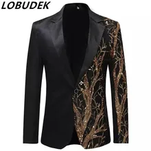 Черный, красный пиджак, однобортный, с блестками, сценический пиджак, мужские вечерние, в стиле хип-хоп, модный костюм с цифровой печатью