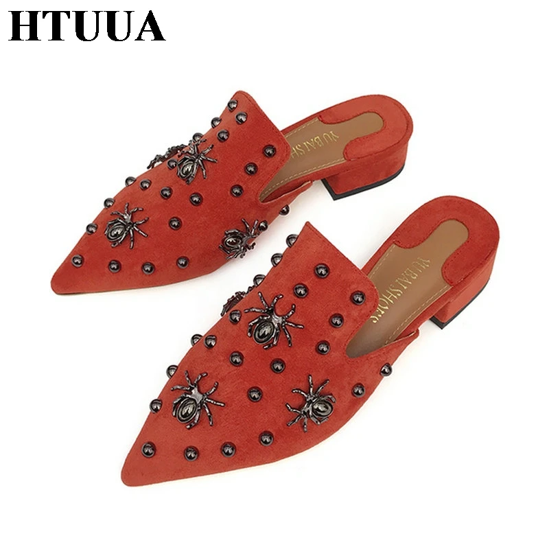 HTUUA/Модная женская обувь из флока с острым носком; женские шлепанцы; туфли без задника на не сужающемся книзу массивном каблуке; женские шлёпанцы с украшением в виде паука; SX3130