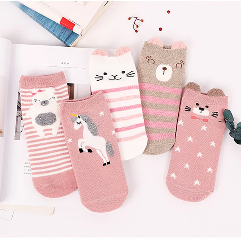 

5Pairs/lot Women Cotton Socks Cartoon Cute unicorn Bear Ankle Socks Short Socks Casual Animal Ear Gril Socks 35-41