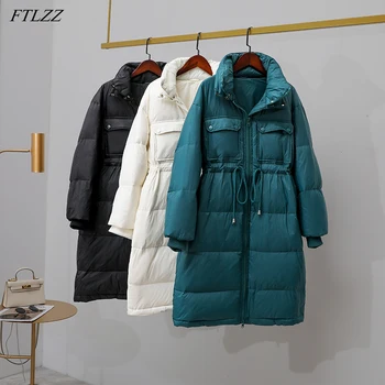 

FTLZZ New Winter 90% White Duck Down Jacket Women Stand Collar Pocket Drawstring Long Coat Casual Loose Thick Warm Coat