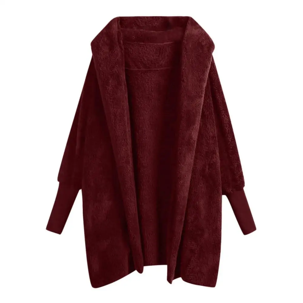 Женское пальто из искусственного меха, Осень-зима, пушистое,, плюшевое пальто, модное, теплое, одноцветное, с длинным рукавом, с капюшоном, Свободное пальто, теплая, мягкая верхняя одежда - Цвет: Бургундия