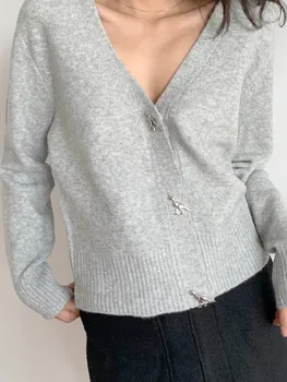 

Dinosaur Button Woolen Sweater Women Casual Solid Color V Neck Knitted Cardigan