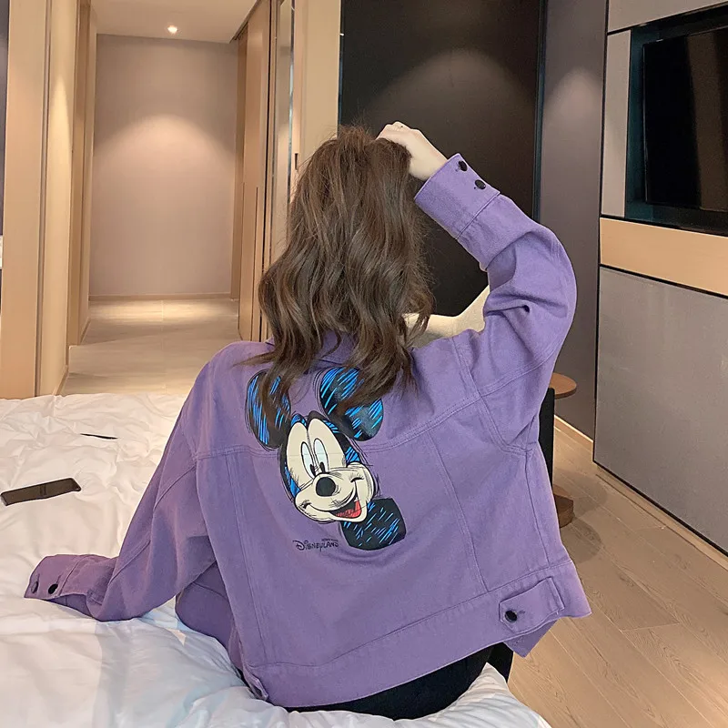 Disney осеннее пальто для женщин с принтом Микки Мауса Kawaii джинсовая куртка Модные