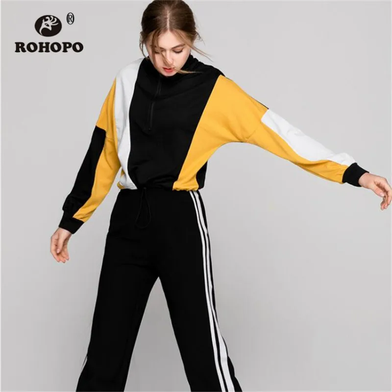 

ROHOPO Patchaork Women Crop Hoodies Yellow Red Female Pullover Top Zipper Sweatshirt Preppy Outwear #8937