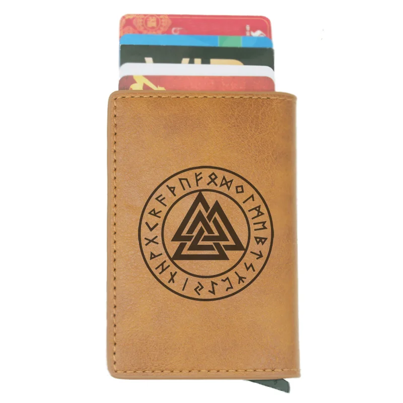 

Triangle Valknut Norse Vikings Design RFID Credit Card Holder Anti-Theft Automatic Wallet Card Case Men Mini Leather Male Purse