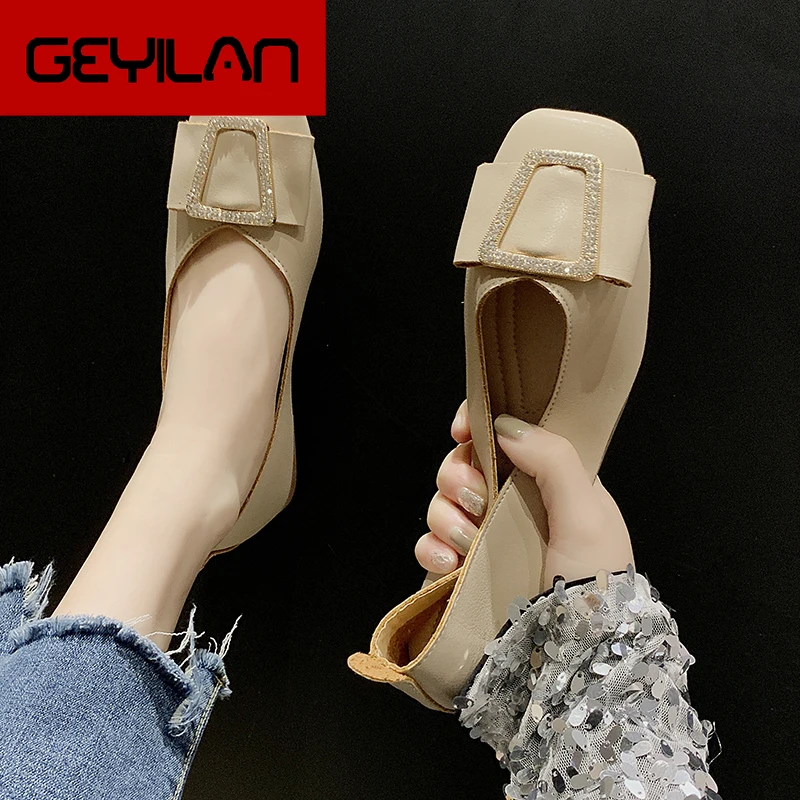

2020 New Spring Fashion Women's Rhinestone Square Metal Buckle Flat Shoes Soft Primer Leather Shallow Mouth Woman U19-48