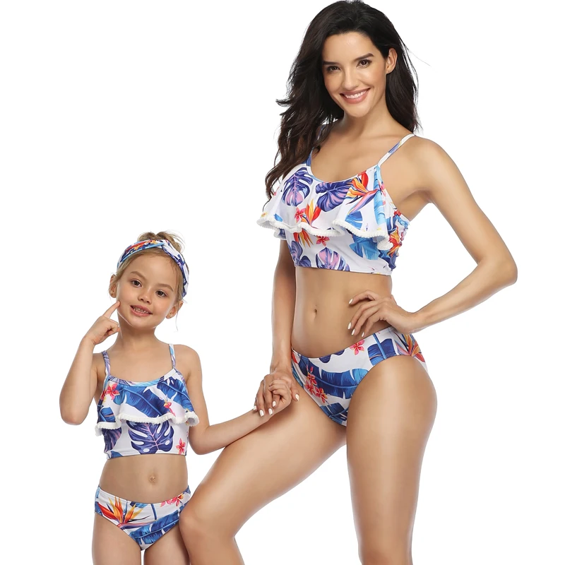 

Family Look Ruffled Leaf Swimsuit Mother Daughter Matching Swimwear Mommy and Me Clothes Mom Mum and Baby Girls Bikini Dresses