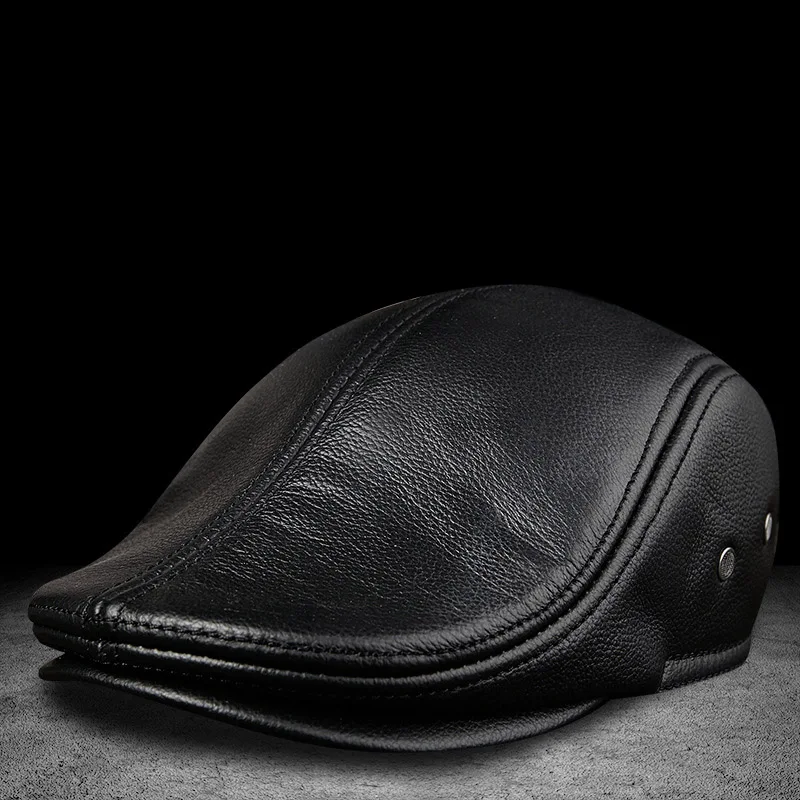

Men's Real Cow Leather Baseball Cap Newsboy /Beret Hat Winter Warm Caps & Hats Men With Ear Flap