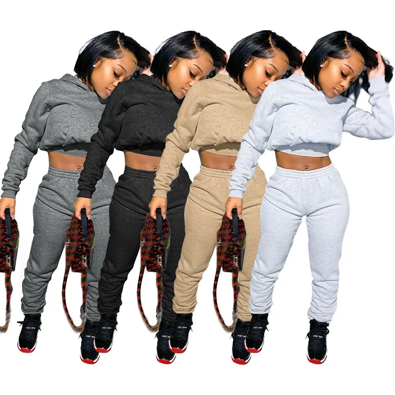 Sweatpants Womens Joggers Set Plain Solid 2 Piece Hoodie Crop Top Tracksuit Sets Women Sweat Pants Set Fall Two Piece Jogger 2XL