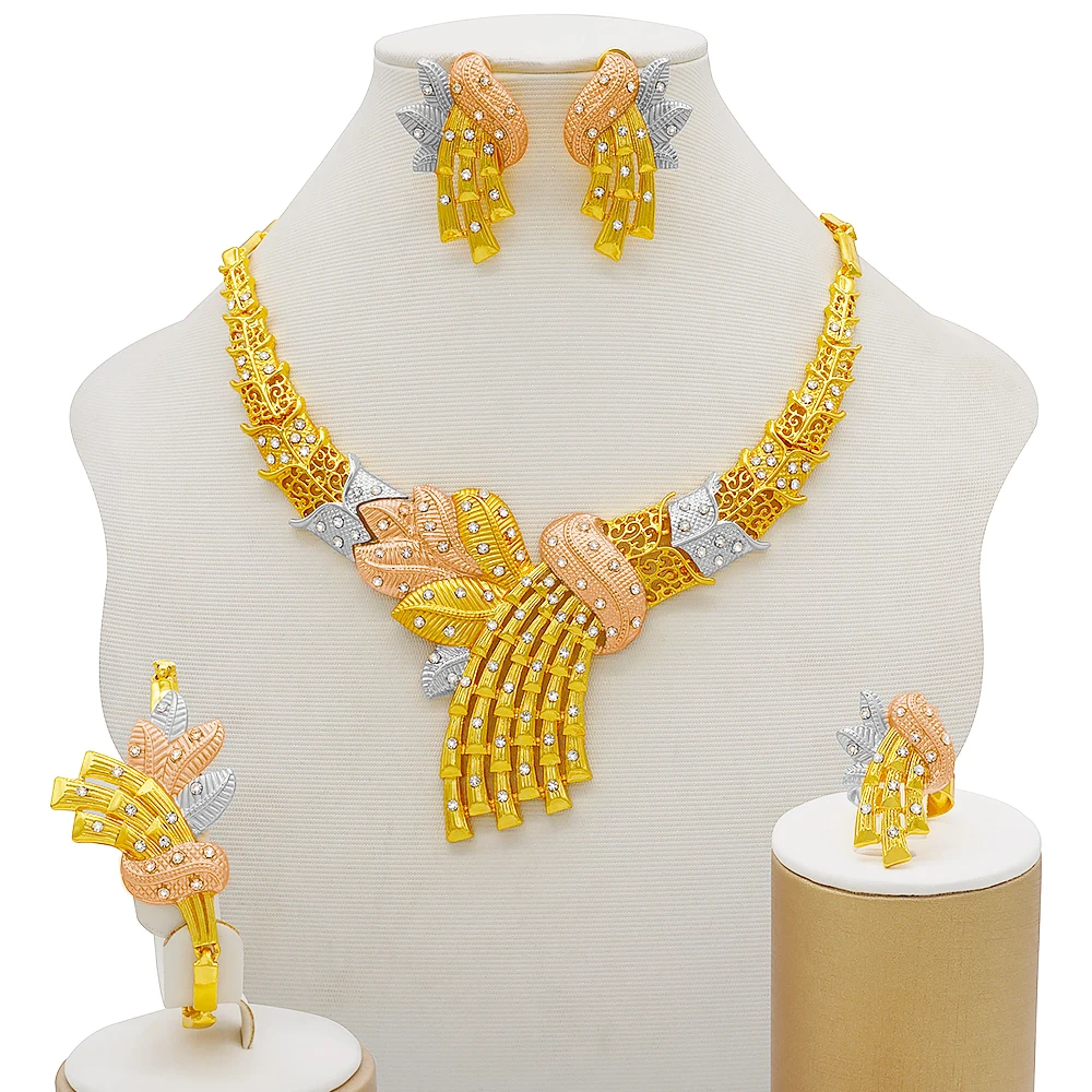 Gold Jewelry Sets Women Necklace Earrings Dubai African Indian Bridal Accessory flowers Jewelry sets Necklace - Image 2
