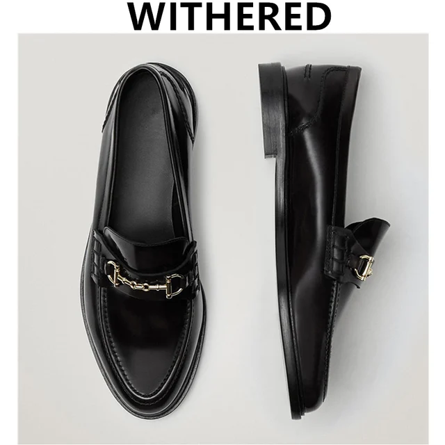 Withered New Egnland Style Fashion Vintage Metal ring buckle Genuine Leather Slip-On Loafers Women Shoes Woman Flat Shoes Women