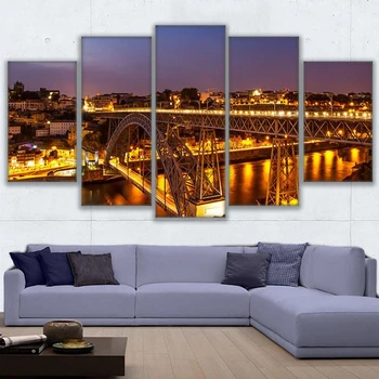 

Wall Art Poster Prints Nightscape Canvas Pictures 5 Pieces Porto Ponte Dom Luis I Bridge Lights Painting Living Room Home Decor