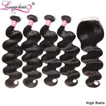 

Longqi Hair Brazilian Hair Weave Bundles with Closure Body Wave Remy Hair 4 Bundles with Closure Three/Middle/Three Part