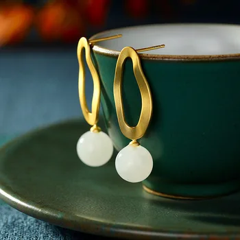 

manufacturer direct selling fashion handmade silver earrings S925 pure silver gold-plated ladies hetian jade earrings
