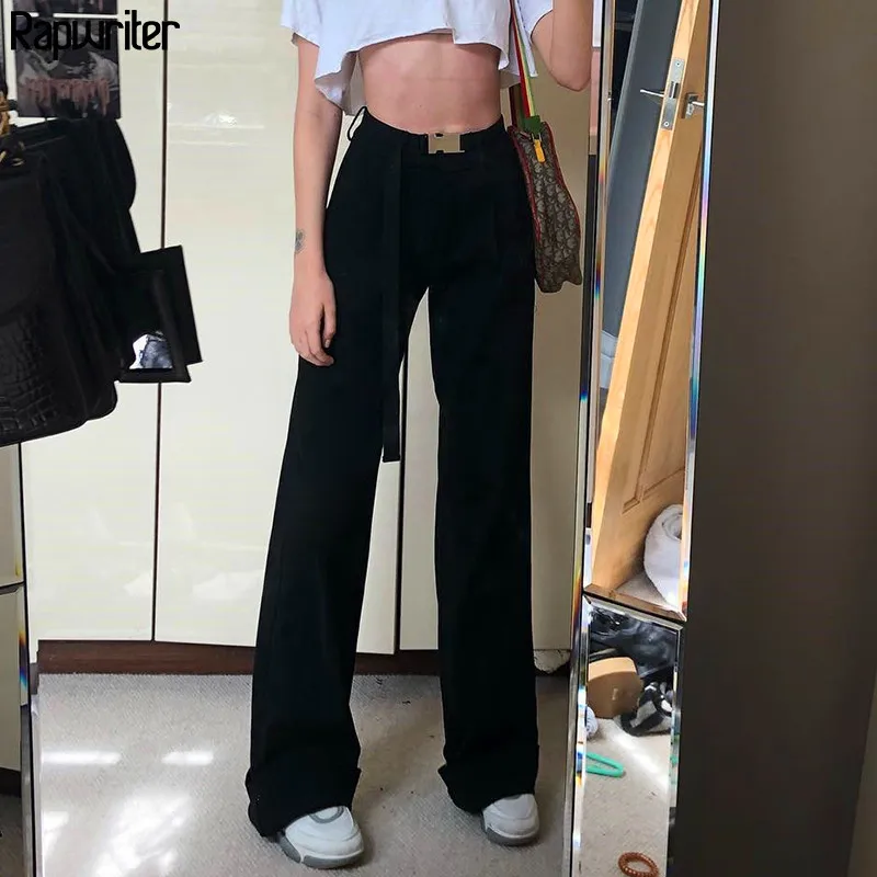 Rapwriter Streetwear Loose Black Sashes Straight Pant Women Hot Spring High Waist Pants Trousers Long Pant Buttons Capris Pocket