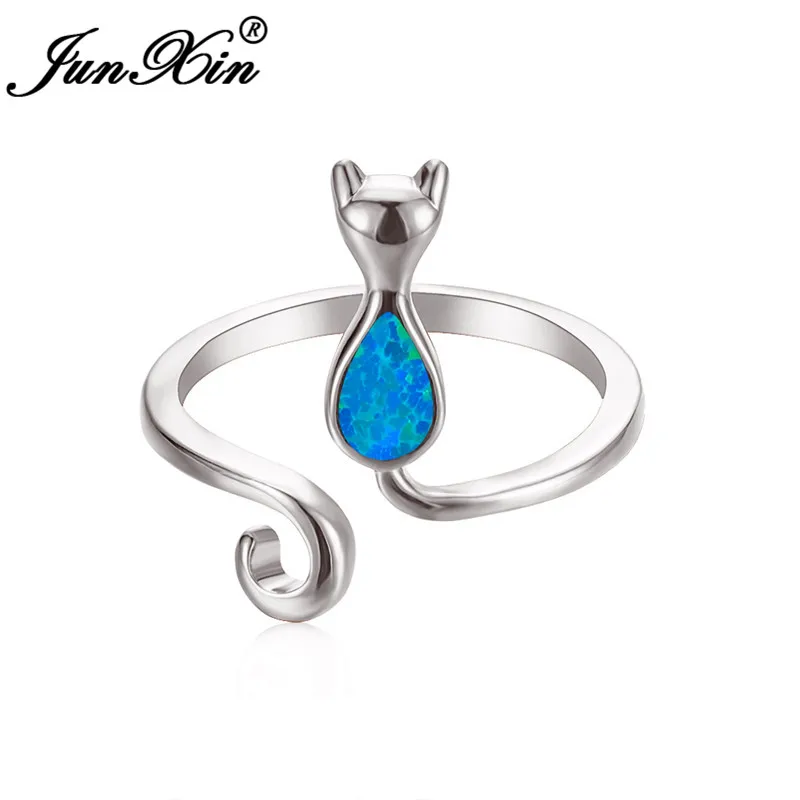 Silver Color Милое животное, кошка, кольцо, 925 серебряный цвет, синий огненный опал, кольца для женщин, открытые свадебные кольца, милые тонкие кольца, ювелирные изделия - Цвет основного камня: Silver Color