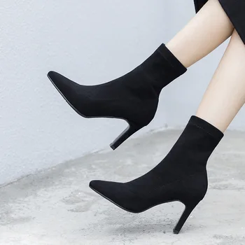 

suede elastic boots autumn winter 2020 Special price high heel new leather lining pointed short boots thick heel