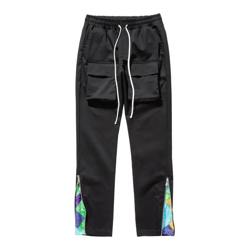 Streetwear Patchwork Cashew Flower Print Cargo Pants Y2k Men Hip Hop Casual Functional Slim Cargo Trousers Male Pocket Side Zip