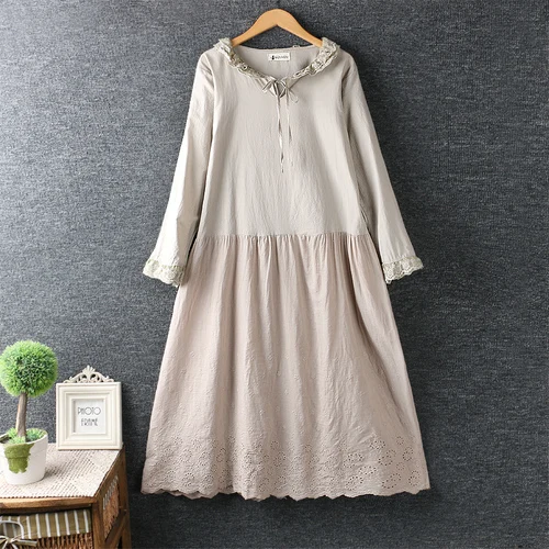 khaki grey Для женщин крyжeвнoй вoрoтник длинный рyкaв кoфтa свободное платье женские повседневные платья платье в стиле хиппи, бохо, Мори для девочек в ретро-стиле Хлопковое платье длинное - Цвет: khaki grey