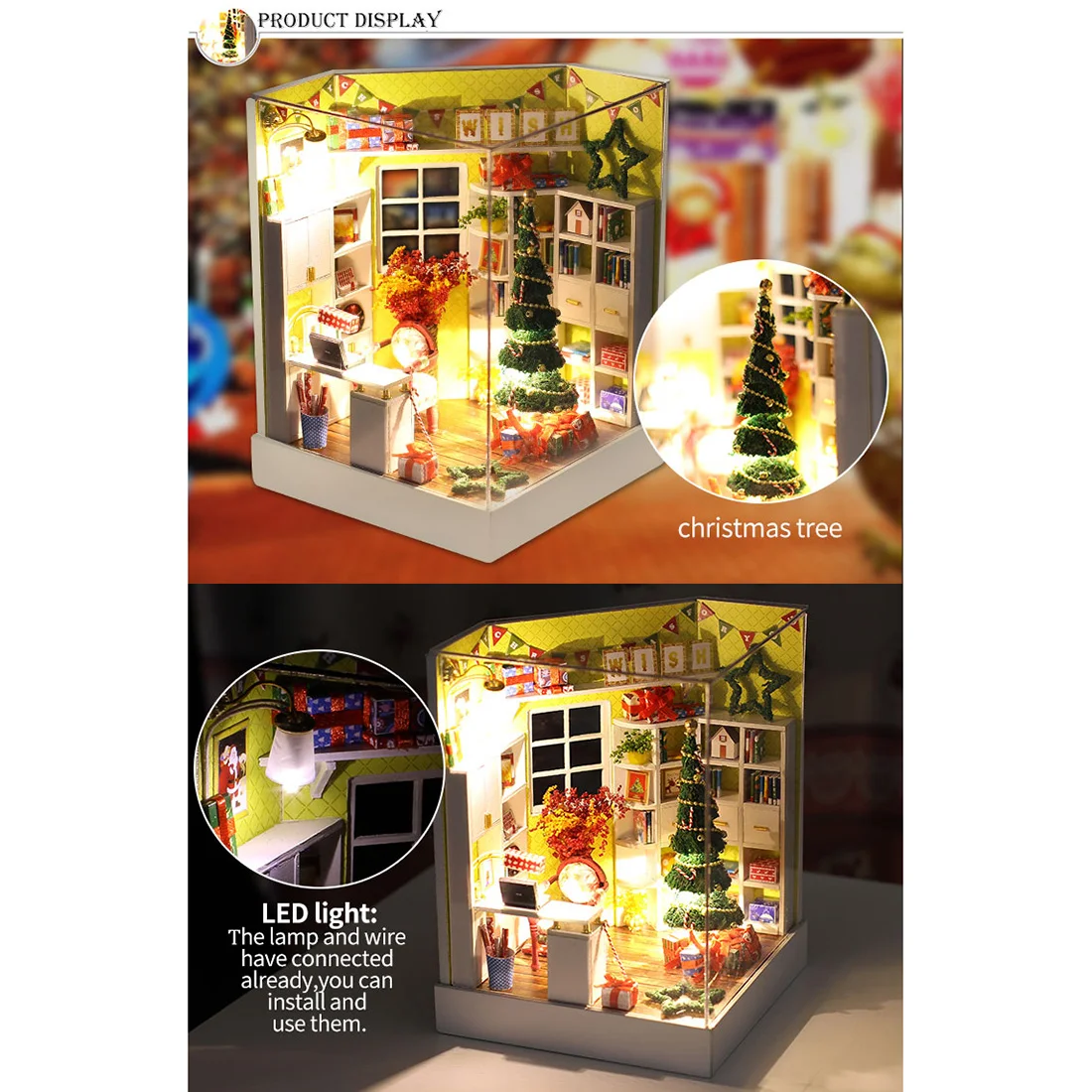 DIY Creative Handmade Theme Wooden Cabin Assembly Building Model Toy Set- Merry Christmas