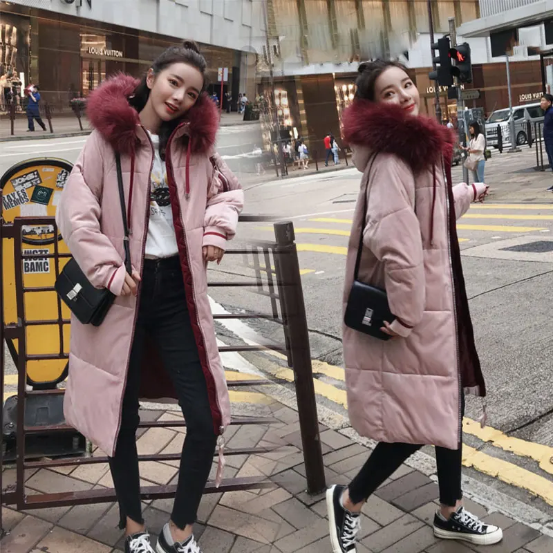 Colorful Fur Coat Hooded Winter Down Coat Jacket Velvet Warm Loose Cotton padded Wadded Parkas Big Pocket - Color: pink