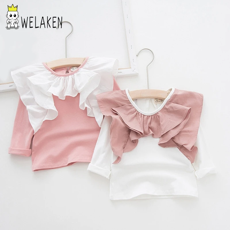 

welaken 2019 Top Quality Blouse For Girls Cotton Casual Wear Round Neck Long Sleeve Fall Shirt Butterfly Sleeve Girl Blouses