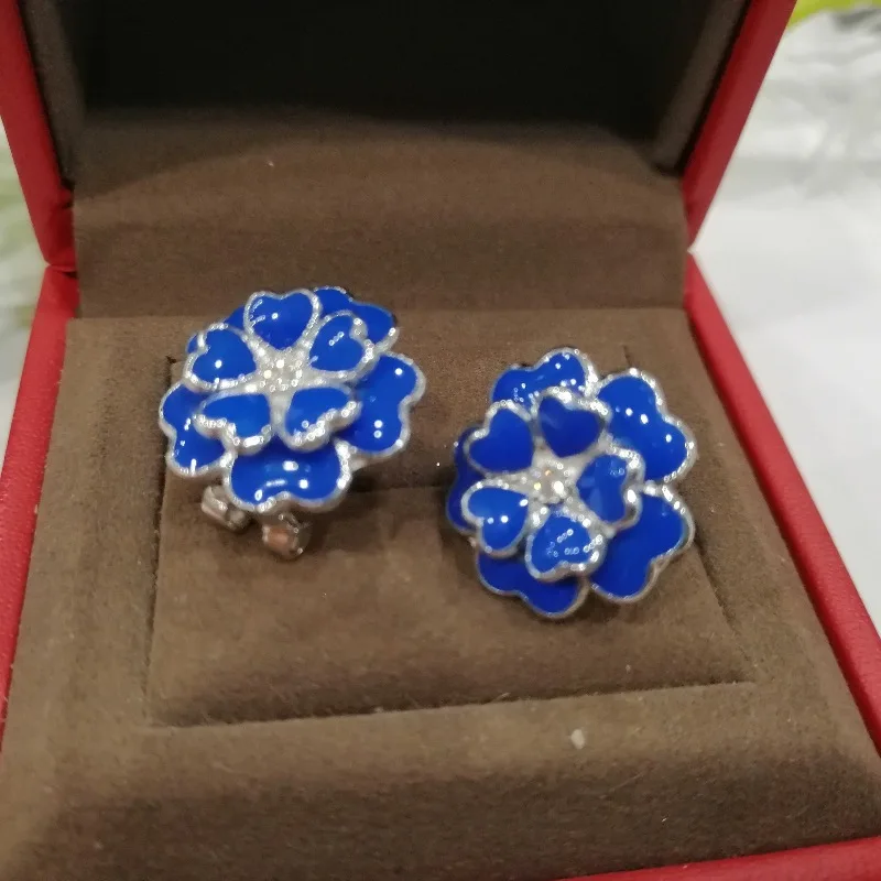 

Real Sterling S925 Silver Women Earrings Luck Blue Enamel Flower Dangle Earrings 17x16mm