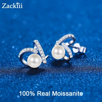 100% Freshwater Cultured Pearl Earrings for Women 14K White Gold Moissanite Stud Earrings 925 Sterling Silver Heart Ear Studs