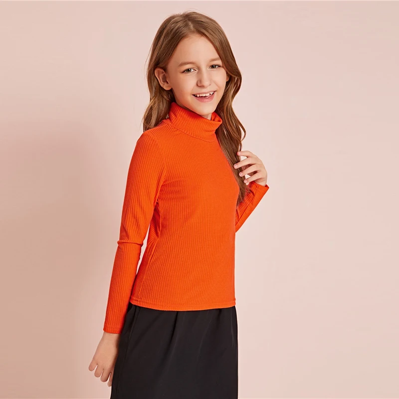 SHEIN Kids/однотонная трикотажная Повседневная футболка в рубчик с воротником-стойкой; детский топ; осень г.; приталенные базовые Детские футболки с длинными рукавами