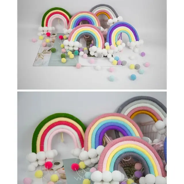 Home Decor Rainbow Fur Balls Handmade Weaving Tapestry Nordic Kids Children's Room Decor Nursery Baby Room Wall Hanging Toys 6