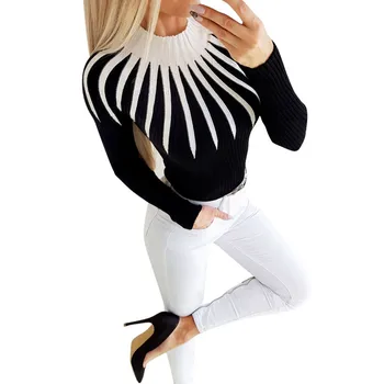 

Women Warm Long Sleeve Sweater Autumn High Neck Color Patchwork Casual Knitwear Tops -MX8