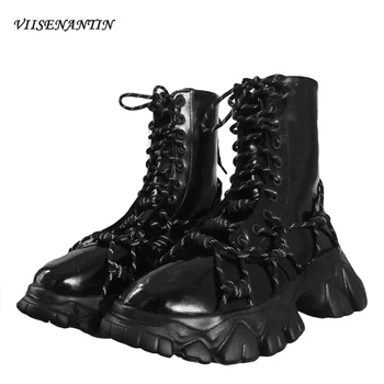 

Thick-soled Dragon-tooth Black Patent Leather Ankle Boots Punk Style High School Boots Women's 2020 Autumn and Winter New Style